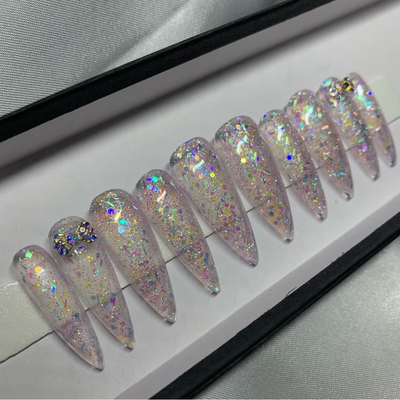 Long Acrylic Glitter Nails with Crystal Bows - Picture 1 of 4
